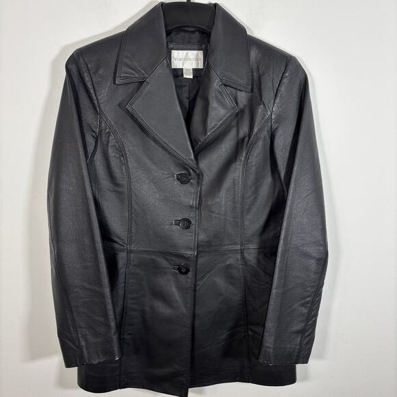 Worthington Womens Small Black Genuine Leather Jacket Button Front Slash Pockets - Picture 7 of 7